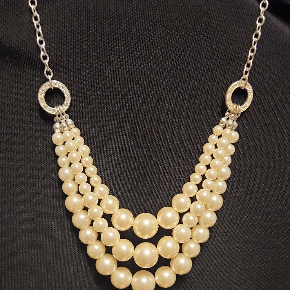 Elegant Faux-Pearl Multi-Strand Necklace with Silver Accents